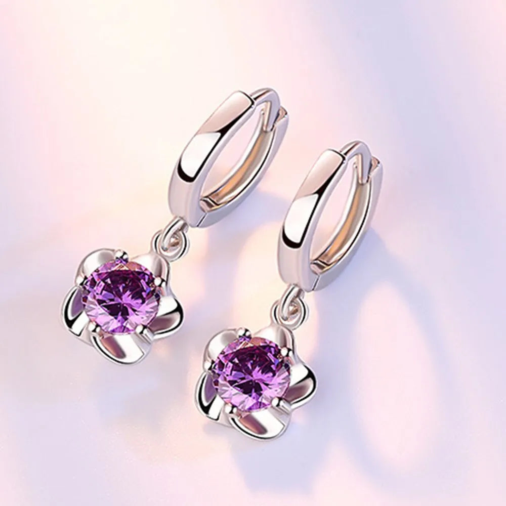 Purple White Zircon Silver Earrings