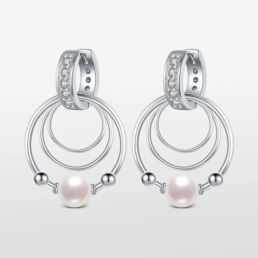 Three-Ring Pearl Silver Earrings