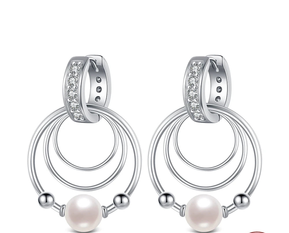 Three-Ring Pearl Silver Earrings
