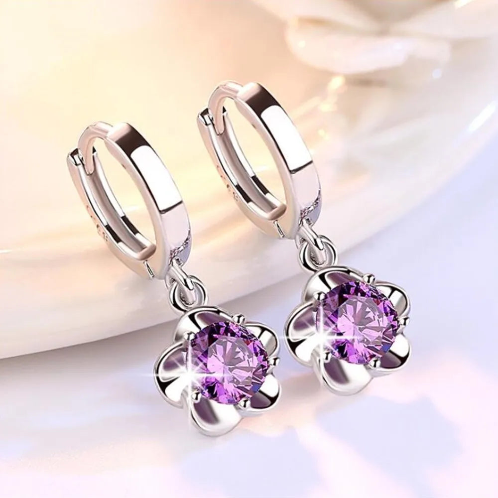 Purple White Zircon Silver Earrings
